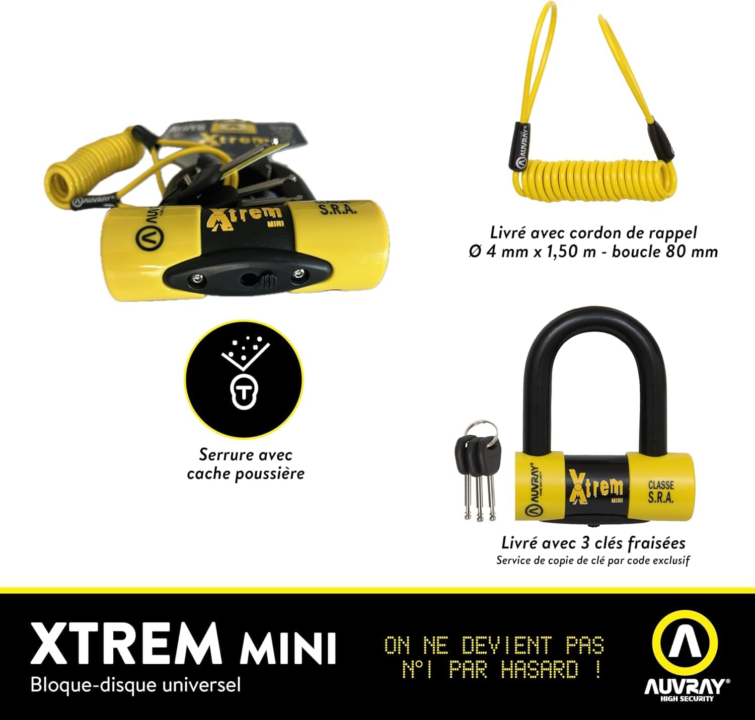 AUVRAY - Antivol moto bloque disque MINI U - BLOCK DISC XTREM MINI - Haute sécurité - Cordon de rappel-Certifié SRA et ART-Recommandé par les assurances-Résistance maximale-Double système verrouillage