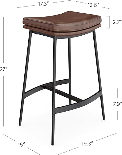 Miniatura 42 de Nathan James 22201 Arlo - Taburete de bar tapizado moderno sin espalda con asiento de sillín de doble capa y base de metal, gris/negro mate Plumas