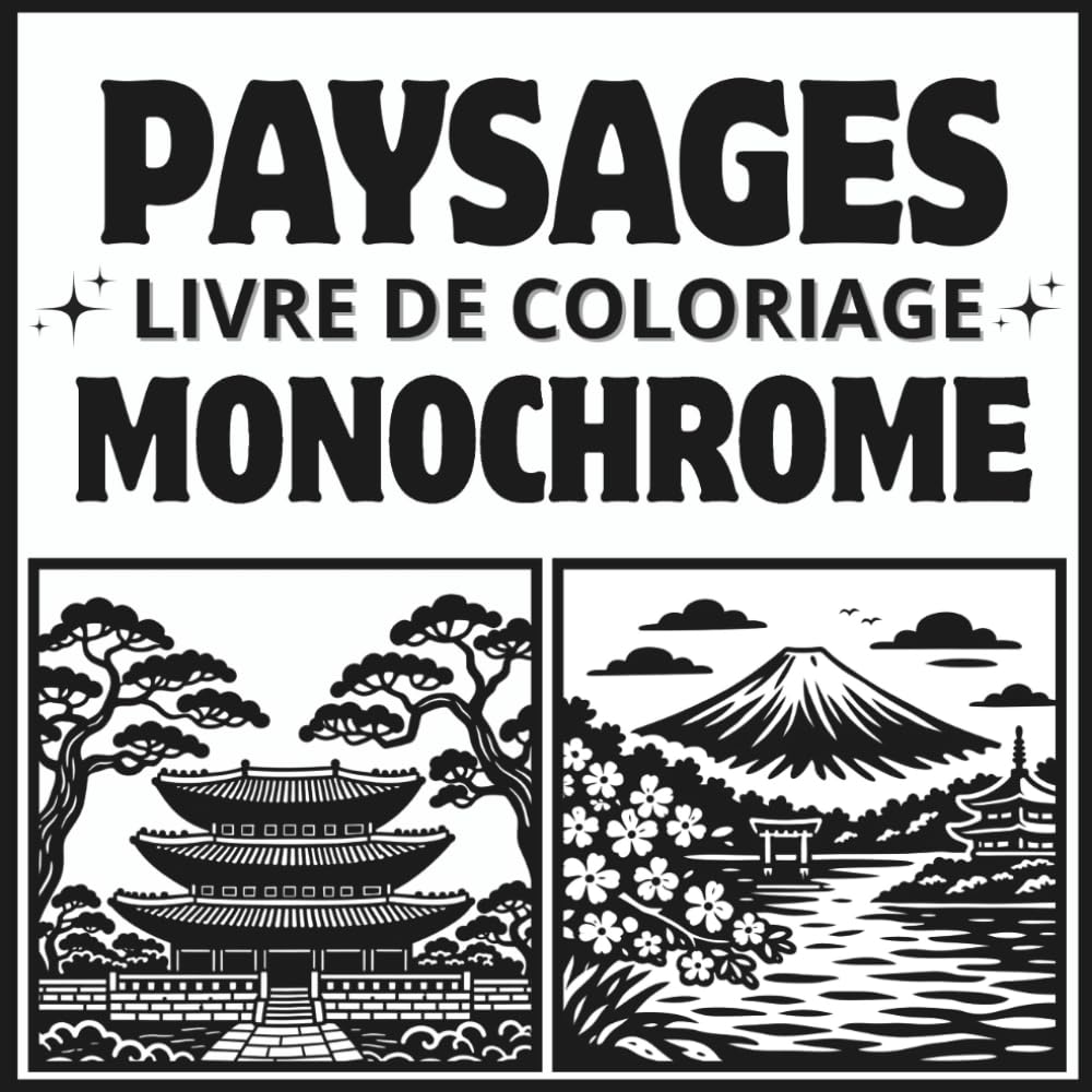 Livre de coloriage monochrome paysages: Coloriages Anti-Stress simples pour adultes, adolescents et débutants avec des thèmes de montagnes, lacs et forêts pour la détente et la relaxation