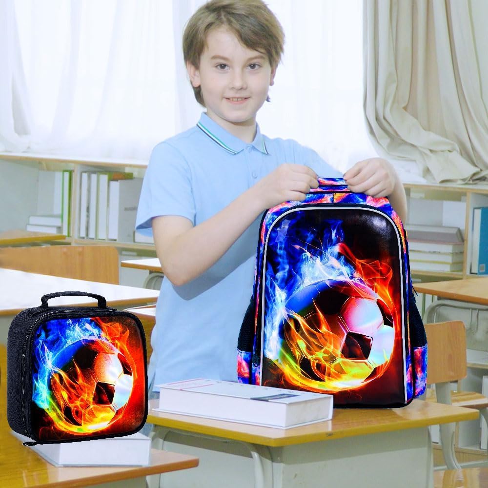 KLFVB 3PCS Kids Backpack, 17" Boys Football Bookbag and Lunch Box, Water Resistant Teenagers School Backpacks for Middle Elementary - Flame Soccer - Image 7