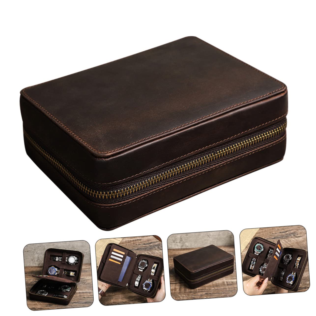 PACKOVE Estuche de Cuero para Reloj Vintage 4 Ranuras y Cremallera | Viaje y Almacenamiento, Tono Café, Compartimentos en Ambos Lados, Adecuado para Boda o Cumpleaños