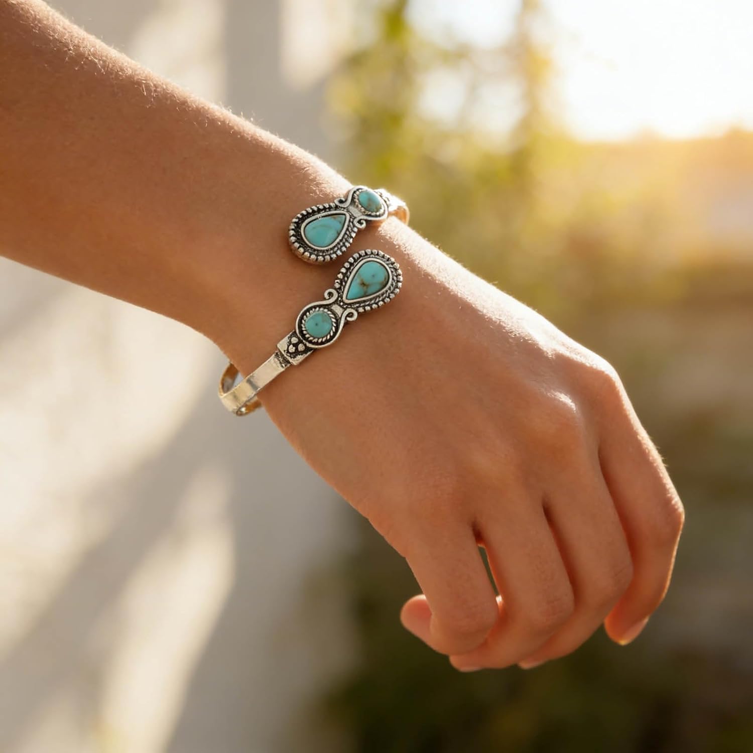 Andelaisi Boho Turquoise Bangle Bracelet Vintage Tribal Turquoise Cuff Bracelet Silver Stone Cuff Open Wrap Adjustable Hand Stackable Bangles Jewelry for Women - Image 6