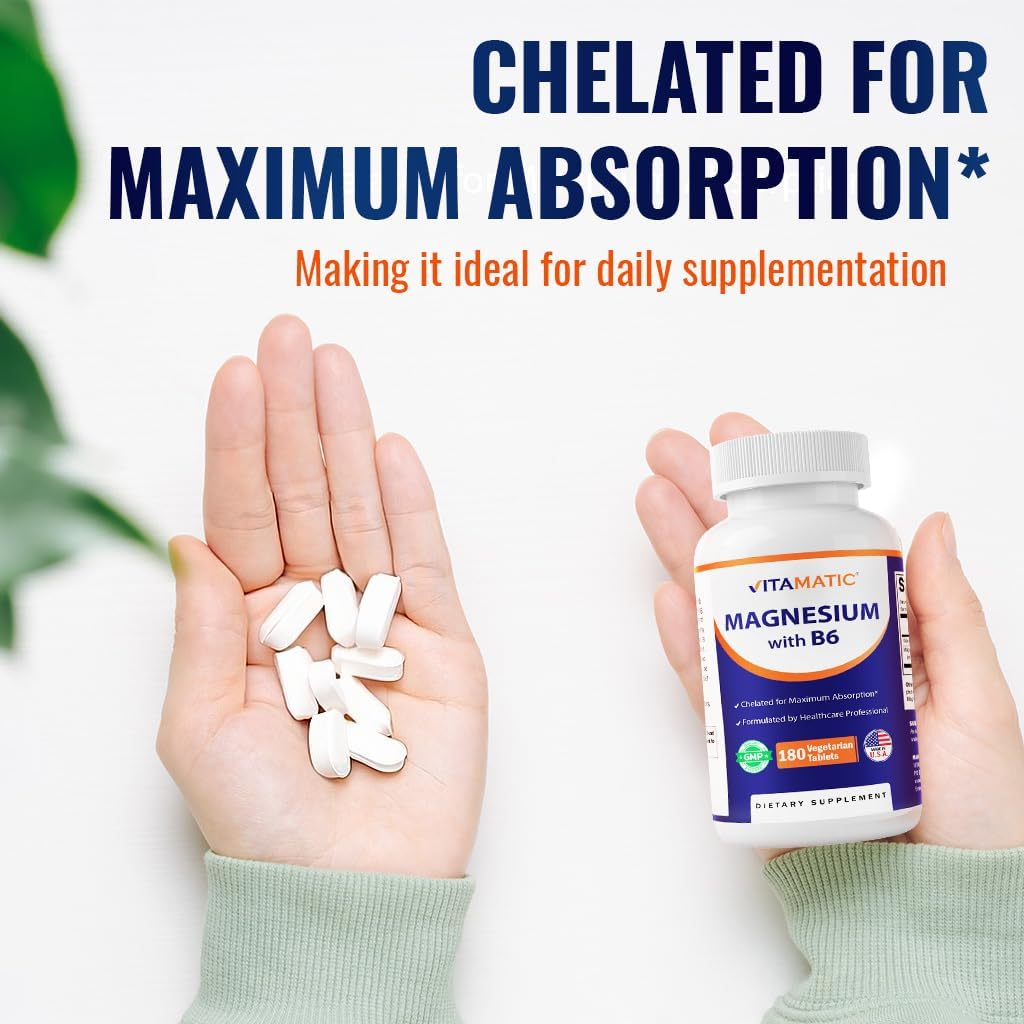 Vitamatic Magnesium with B6-180 Vegetarian Tablets (Uncoated) - Added B6 for Maximum Absorption - Supports Muscle, Joint, and Heart Health - 3 Pack