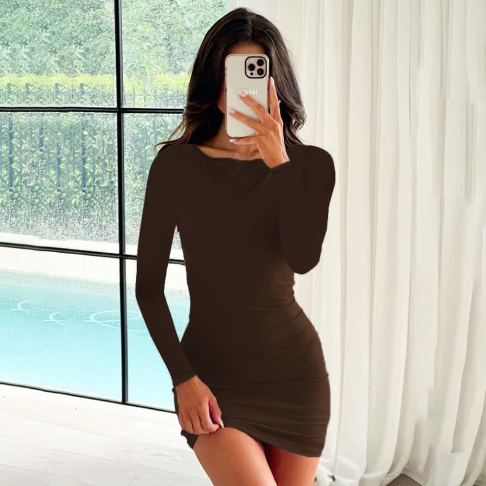 YOXUA Women's Fall Winter Long Sleeve Boat Neck Mini Dress Slim Fit Party Club Teacher Casual Office Dresses - Image 2