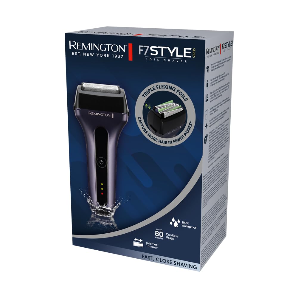 Remington Golarka elektryczna F7, golarka foliowa, bezprzewodowa, na mokro i na sucho, 100% wodoodporna, wysuwany trymer, folie Tri-flex, USB-C, czas pracy 80min, ładowania 120min, Style Series F7000