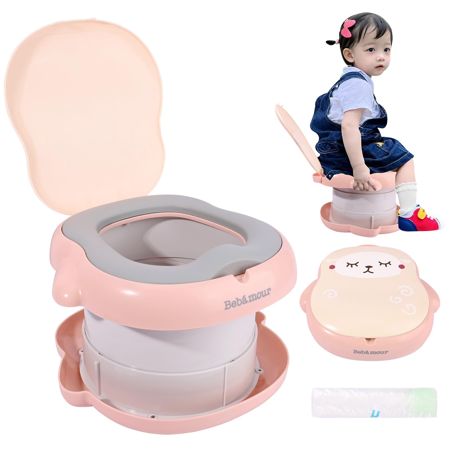 Bebamour Baby Potty Training Toilet Seat Portable Potty for Toddlers Travel Potty for Boys and Girls with Potty Liners Pink