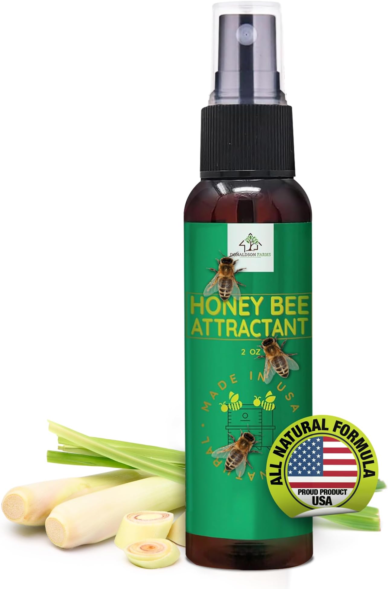 Donaldson Farms - Honey Bee Attractant Spray - Bee Hive Lure for Gardens, Beehives, Flowers & Fruit Trees with Natural Lemongrass Oil Formula, Easy to Use for Beekeepers & Pollinator Support - 2 oz