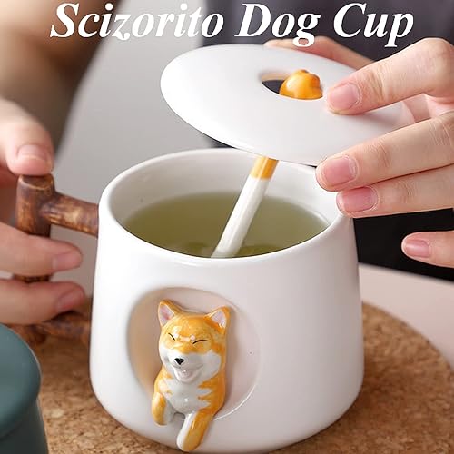 Miniatura 5 de Taza de Pareja de Perros Linda, Taza de Café de Cerámica con Tapa, Patas en la Parte Superior de la Cuchara, Bonito Diseño Tridimensional de Shiba
