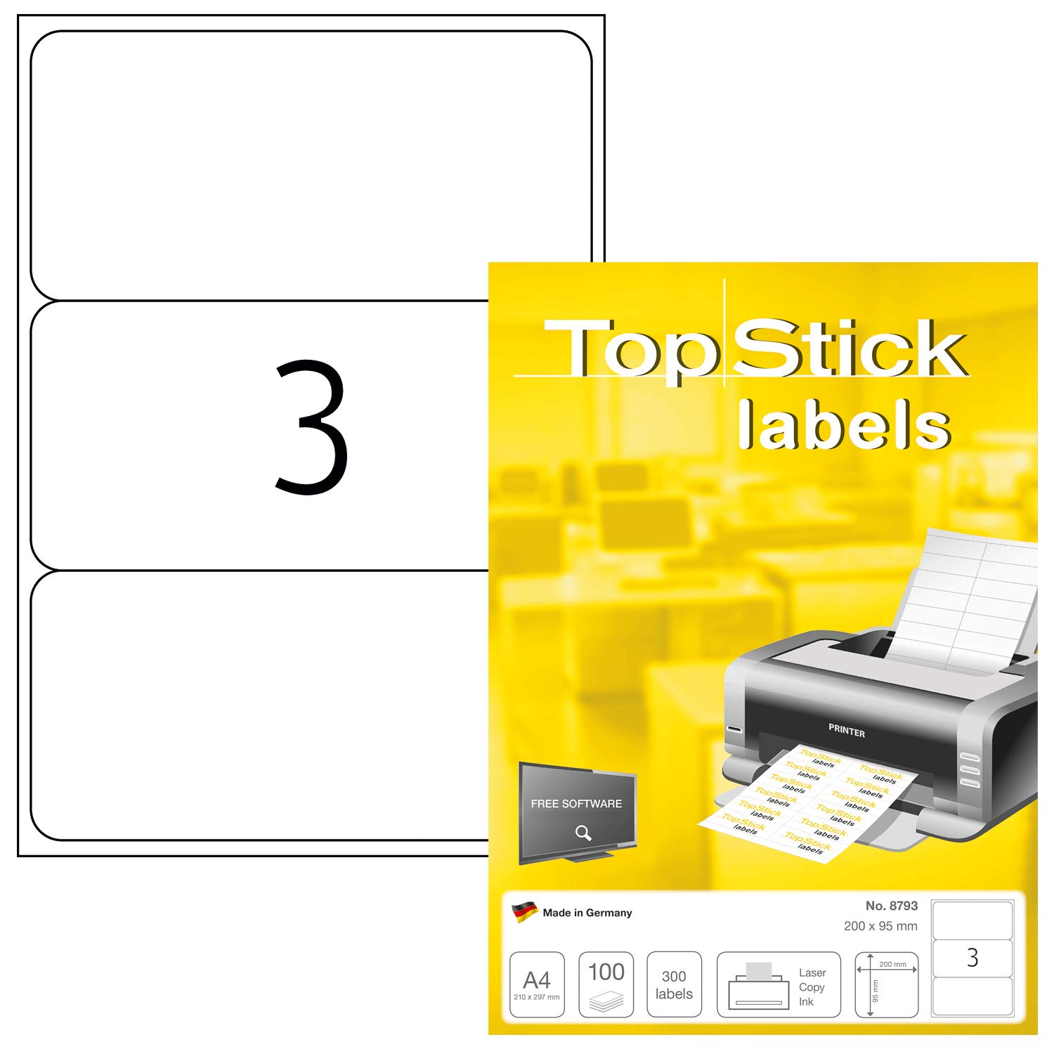 topstick 8793 Etiquetas universales A4 grande, paquete de 10 (200 x 95 mm, 1000 hojas, papel, mate) autoadhesivas, imprimible, pegatinas de dirección permanentes, 3000 adhesivos blancas