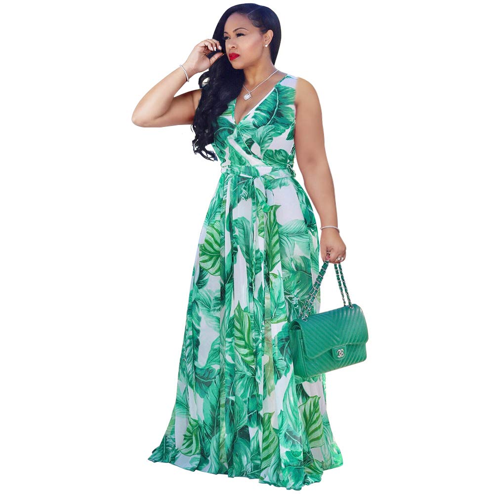 Womens Chiffon Deep V-Neck Maxi Dress Summer Boho Dresses(S-5XL)