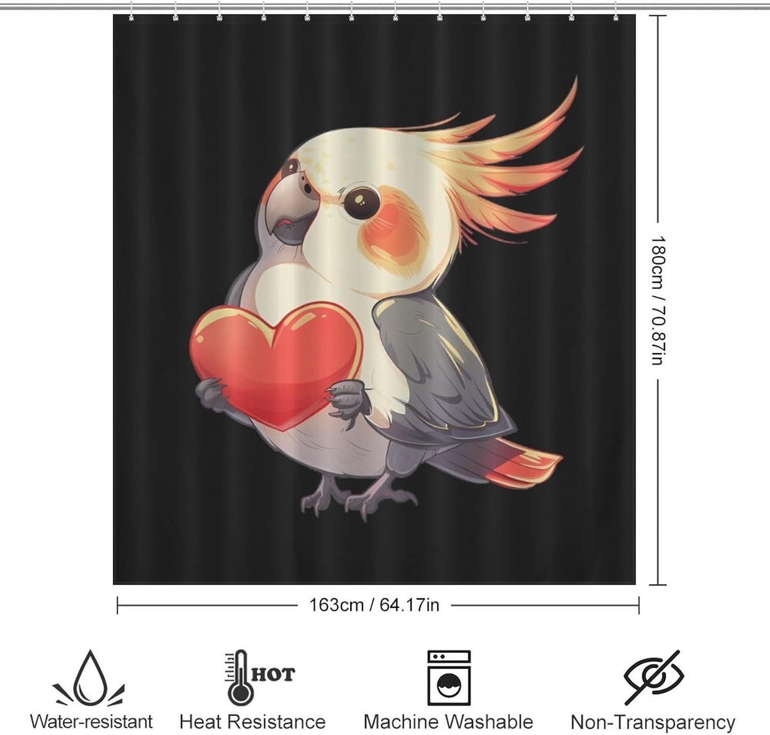 Cute Cockatiel Bird with Heart Funny Shower Curtains Washable Bath Curtain Liner with Hooks for Bathroom Bath Tubs