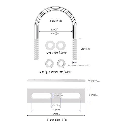 Miniatura 3 de 4 juegos de pernos en U redondos de acero inoxidable 304 de 0.47 pulgadas de ancho interior 1.18 pulgadas de longitud M6 con tuercas, placa
