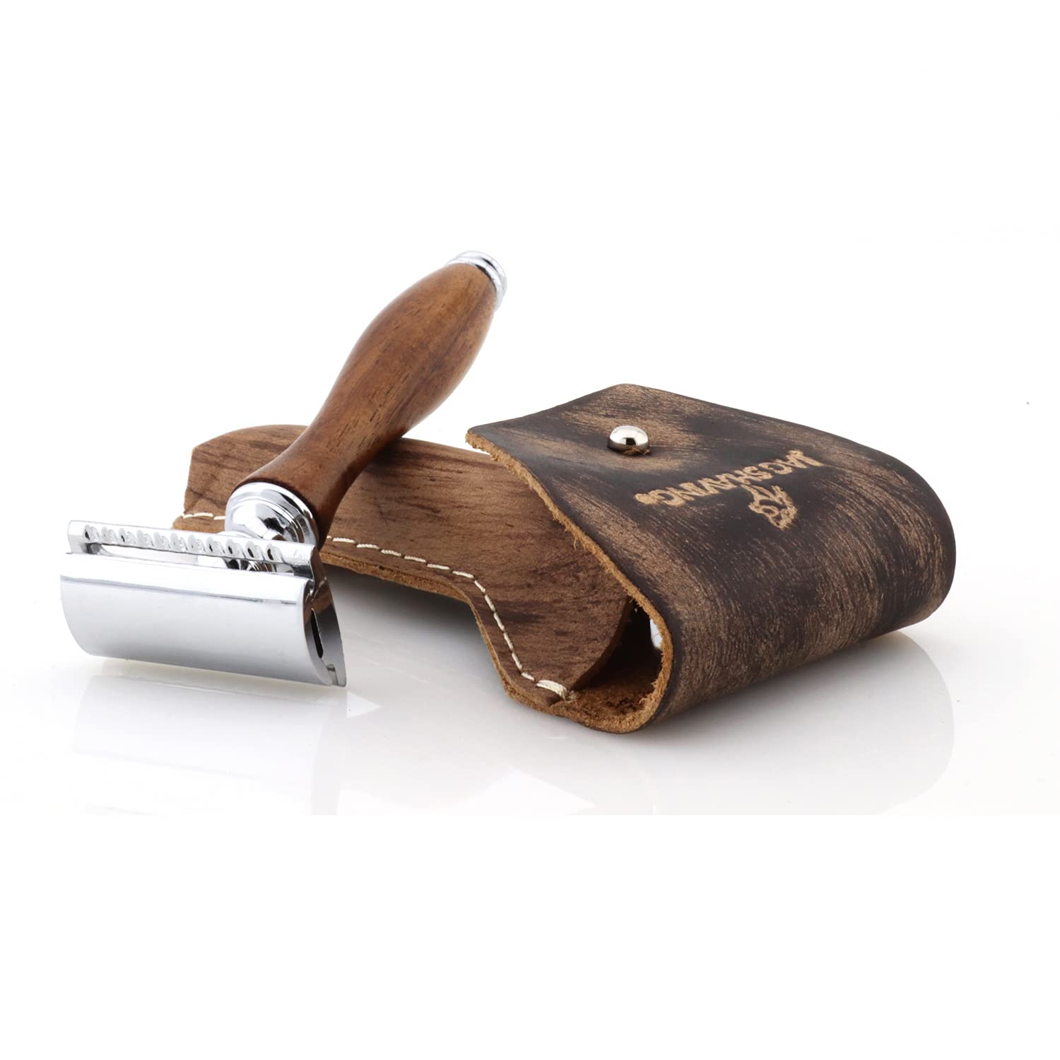 Jag Shaving - Juego de afeitado de madera sostenible de 4 piezas - Brocha de afeitar de pelo de tejón - Cuchillas de afeitar de doble filo - Soporte, bolsa, barra de alumbre
