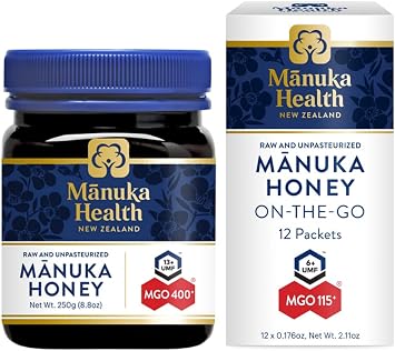 Manuka Health Bundle, UMF 13+/ MGO 400+ Manuka Honey 8.8oz Jar and UMF 6+/MGO 115+ On-The-Go Packets 12 Count, Superfood, Authentic Raw Honey from New Zealand