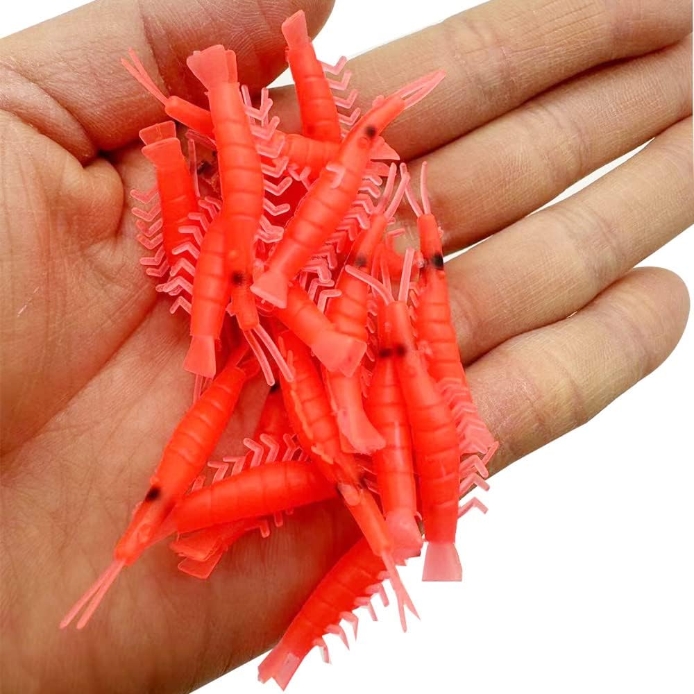 100pcs Shrimp Lure Red/Pink/Glow Green/Glow Pure Color Silicone Shrimp Baits Soft Lure Worms Luminous Simulation Prawn Shrimps Size: 0.5g 4.3cm
