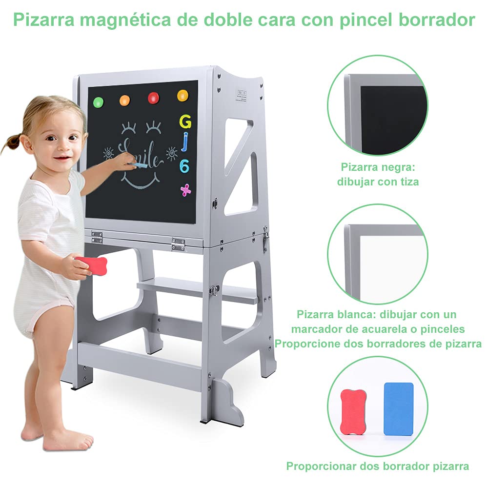 YOLEO Torre Aprendizaje Transformer Montessori Plegable con Pizarra Magnética Gris Madera