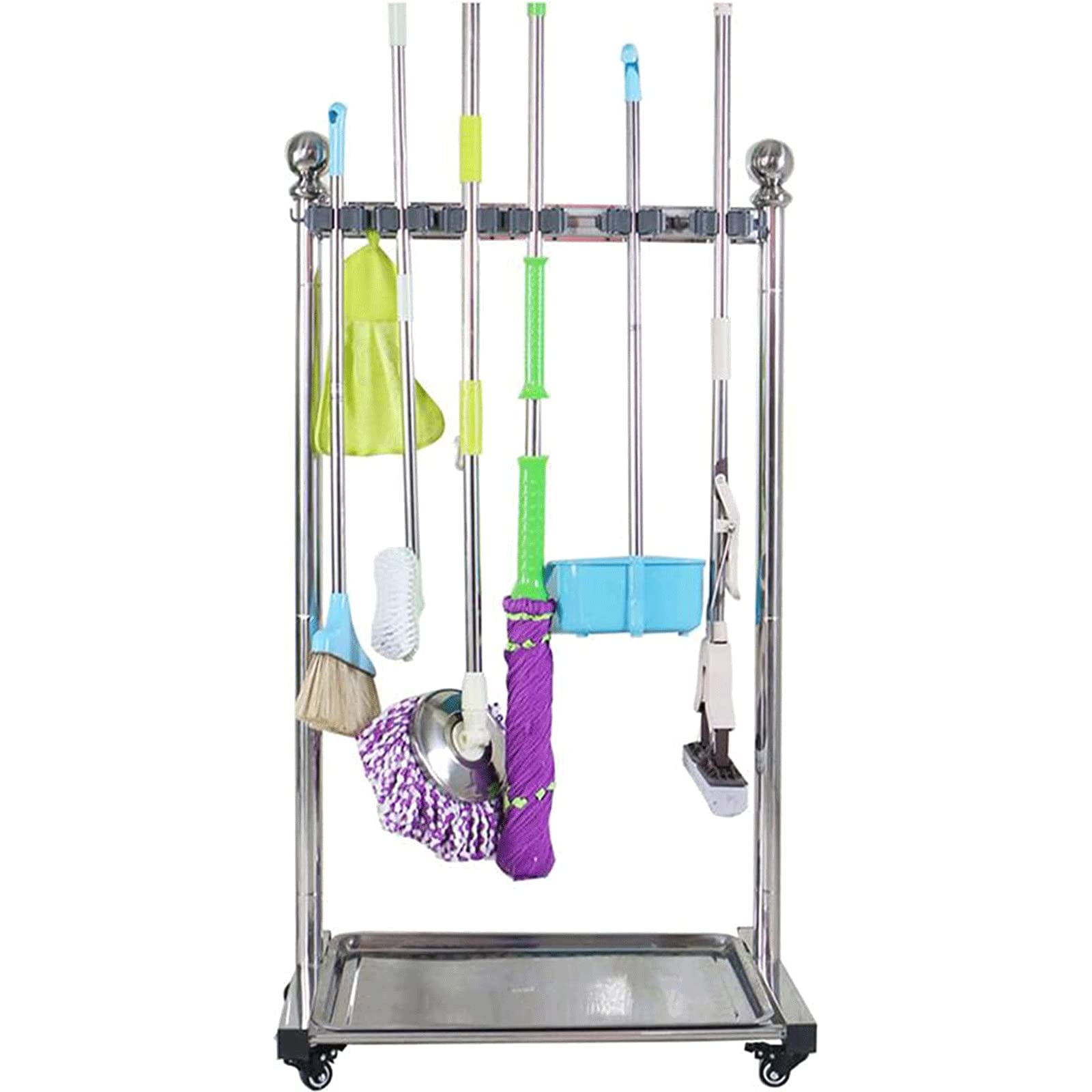 ASerZenith Broom Mop Holder Hanging Rack Floor Balcony Broom Movable Standing Stainless Steel Storage Shelf Put Wet Mop Brakable