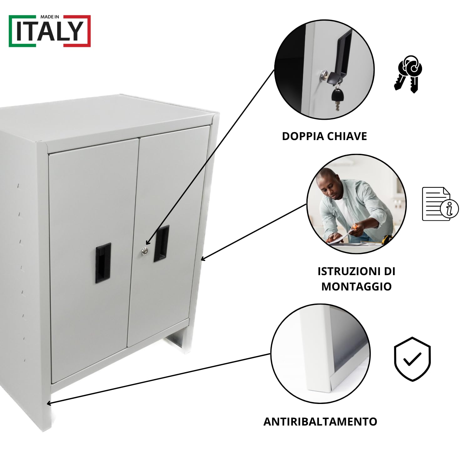 OWIJI Armadio in Metallo Armadietto 2 Ante Grigio Premium Quality Made in Italy Archivio Documenti 80 x 40 x 80 cm Serratura Doppia Chiave Ripiano Regolabile Casa Ufficio Garage Mobile Ufficio