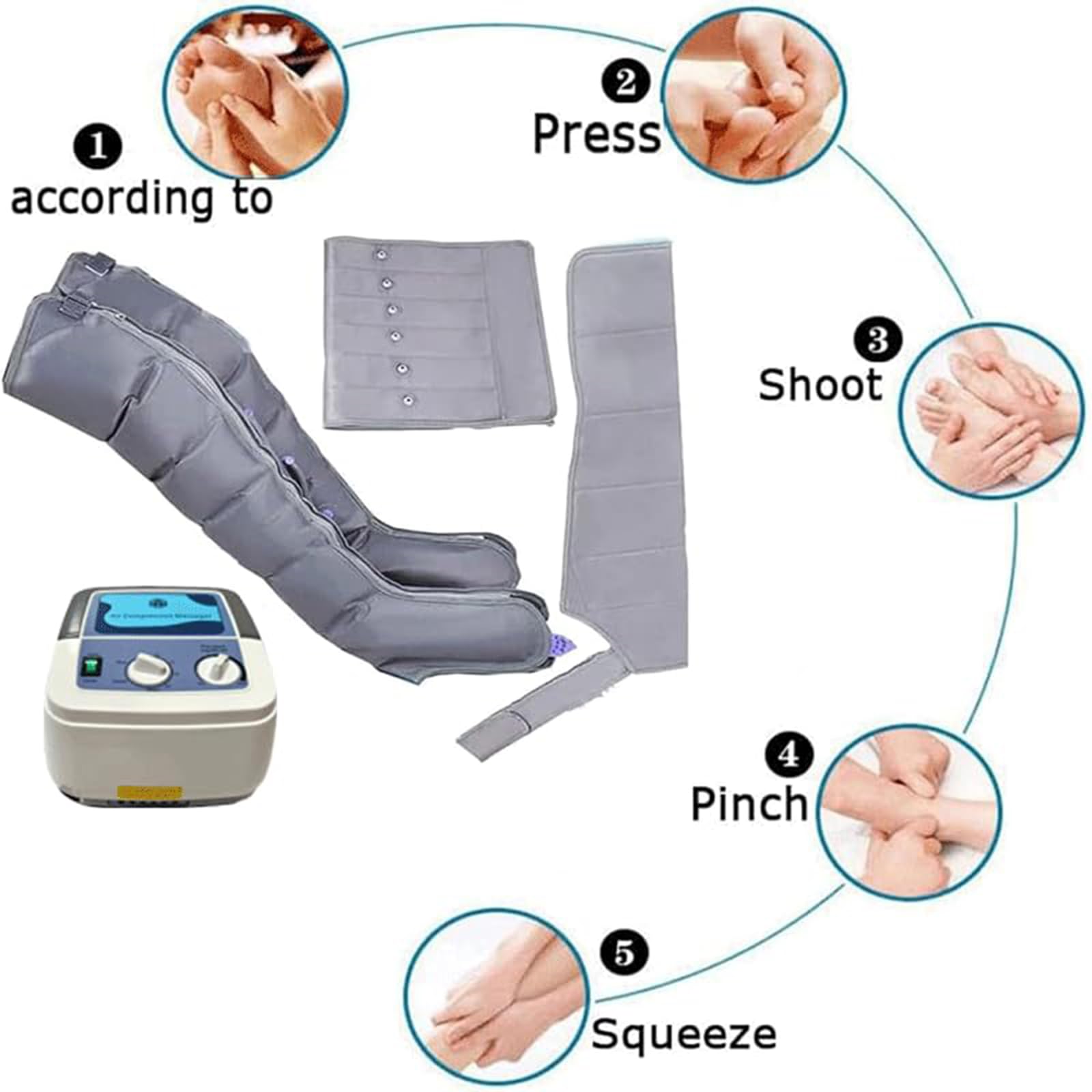 Massaggiatore sequenziale per gambe a compressione d’aria – 6 camere d’aria – pressione 30 kPa – timer 0–30 min – 2 manicotti per gambe, Grigio