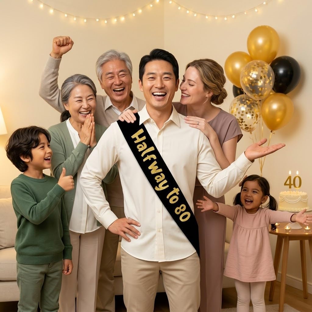 Sterling James Co. Halfway to 80 Black and Gold Glitter Satin Sash - 40th Birthday Sash for Him or Her - Party Decorations, Supplies and Gifts