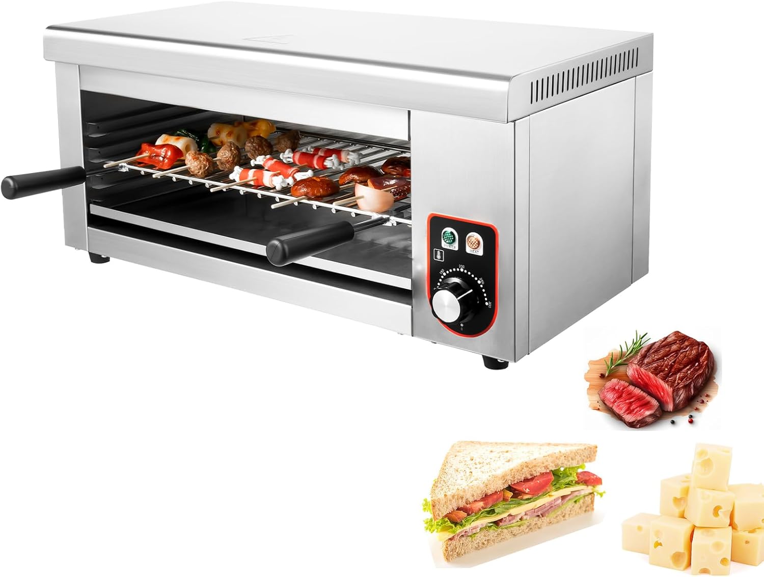 Electric Cheesemelter, 1500W Countertop Stainless Steel Cheese Melter Salamander Broiler 122-572°F Raclette Grill for Commercial & Home Melting Cheese, Toasting Sandwiches, Grilling Meats