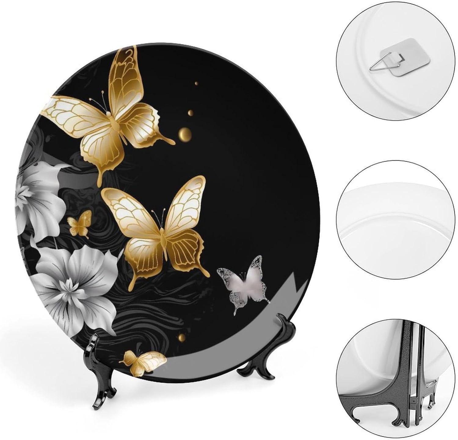 Gold White Butterflies Black Ceramic Plate 10inch Decorative Bone China Wall Hanging Ornament Plates Bohemian Style Dinner Plate with Display Stand Cabinet Display Plates for Home Art Decor