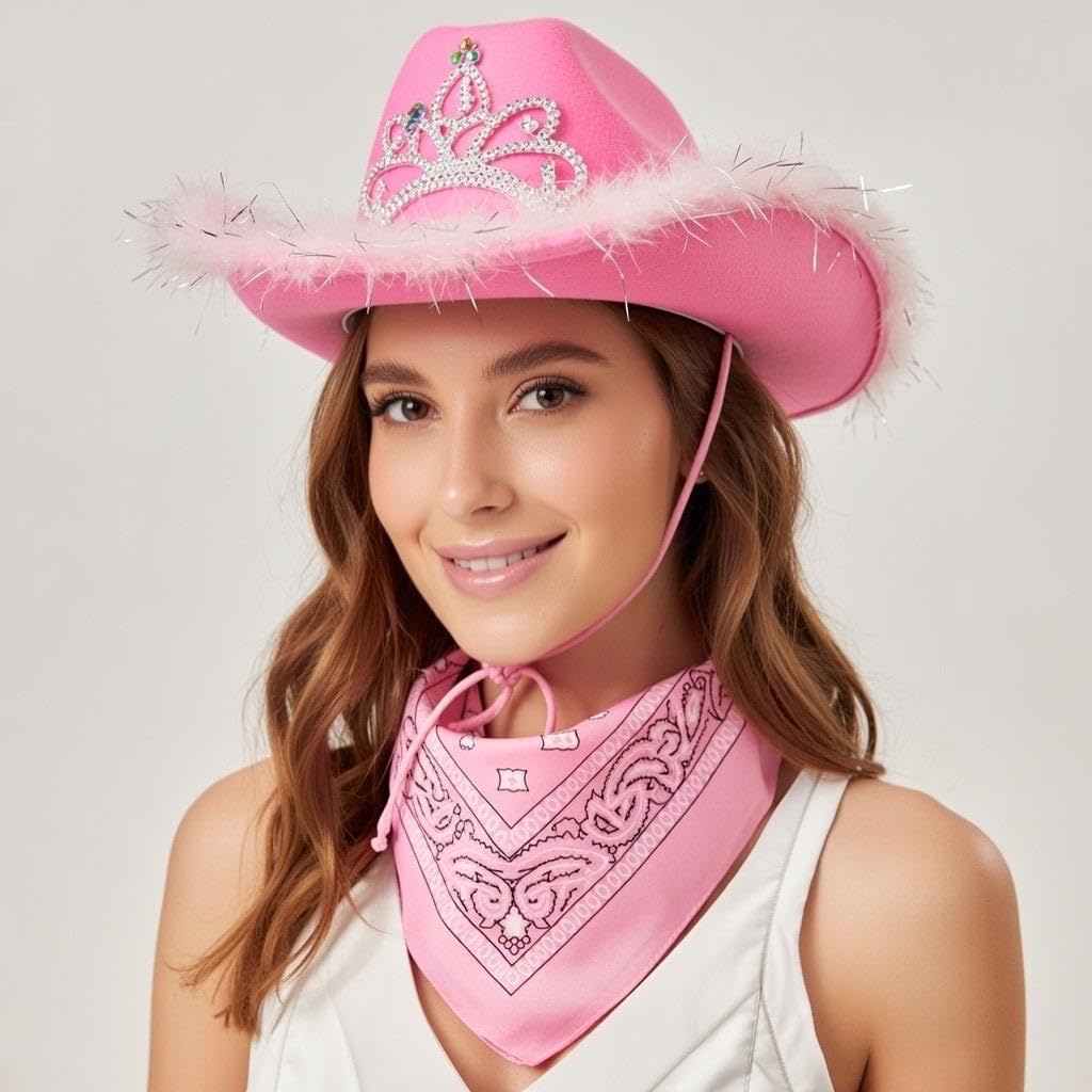 SoWest Women’s Fluffy Feather Brim Cowboy Hat with Tiara Crown & Bandana – Pink Hen Party & Festival Fancy Dress Accessory | Western Cowgirl Hats for Bachelorette, Halloween & Birthday Parties
