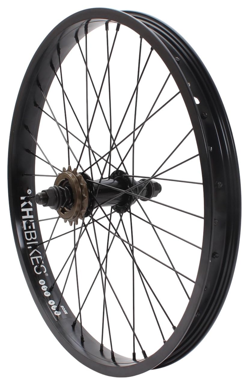 KHE Prism BMX tylne koło 20", czarne, oś 14 mm, zębatka 16T, 36H – 7005, aluminiowa felga 38 mm, rower biegowy BMX z tyłu