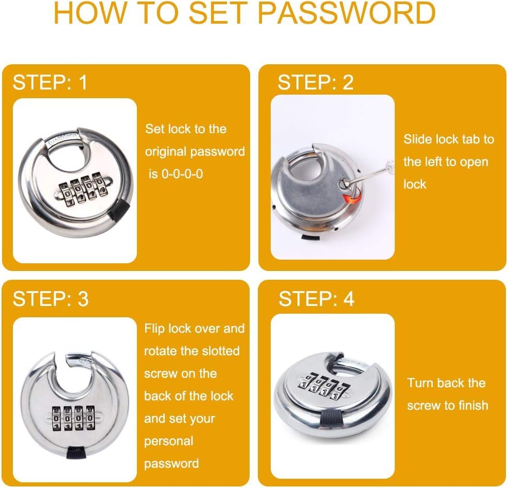 Image of Heavy Duty Combination Padlock, Large Outdoor Combination Lock 4 Digit Locker Lock Outdoor Waterproof (Steel, Silver)