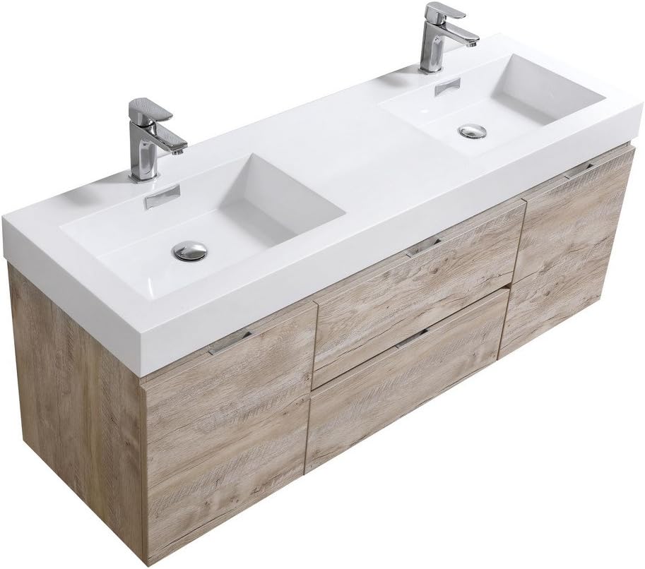 Kube BSL60D-NW Bliss 60" Double Sink Nature Wood Wall Mount Modern Bathroom Vanity