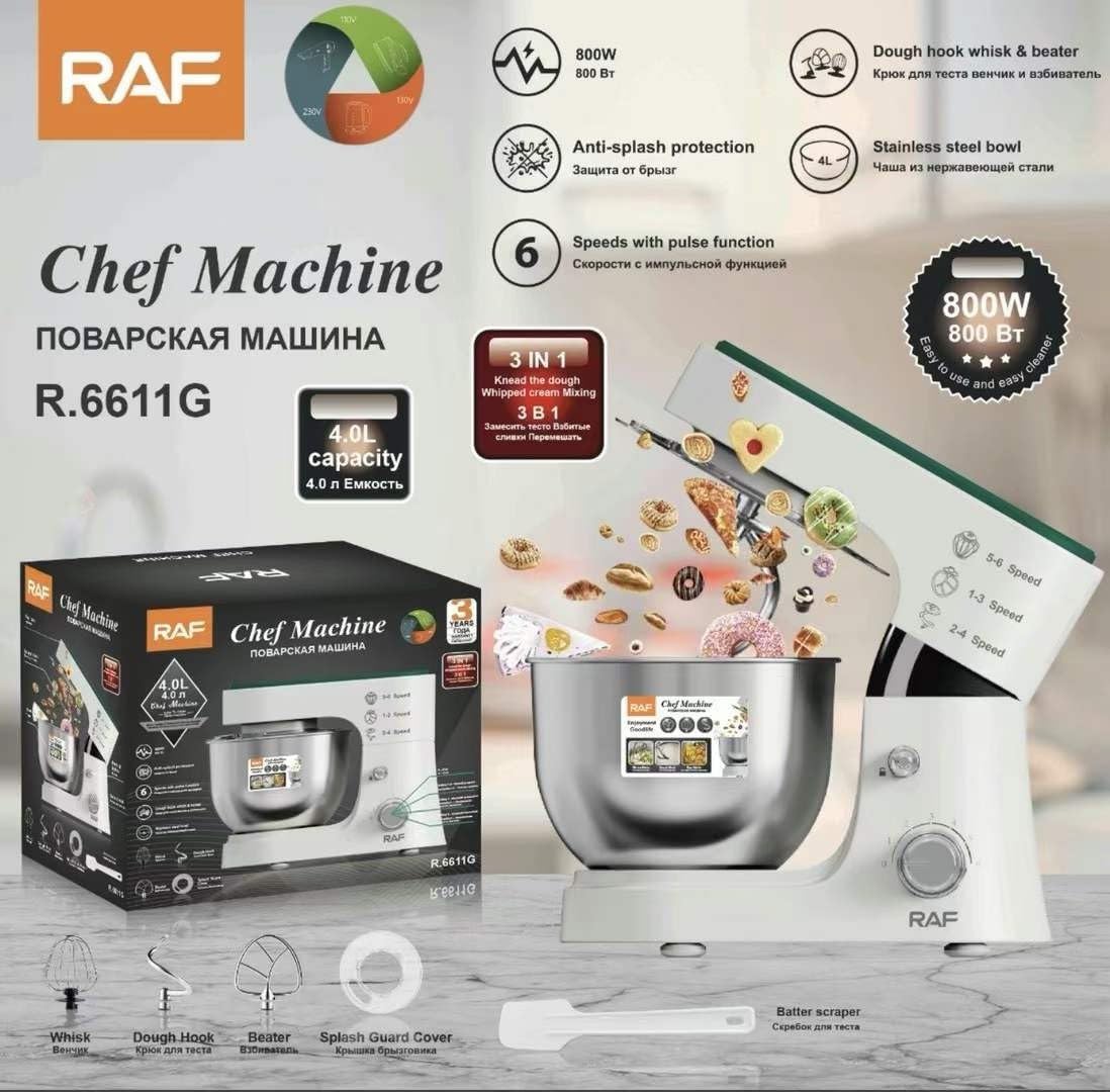 RAF Stand Mixer features diagram with attachments