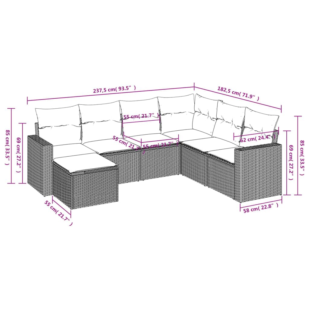 Set da 7 pezzi in polyrattan beige con cuscini, divano da giardino in PE rattan con vano portaoggetti e borsa idrorepellente, gruppo di sedute modulari con rivestimenti sfoderabili e lavabili
