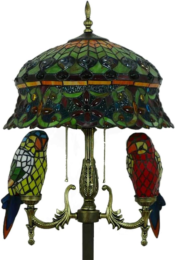 Vintage Peacock Tail Green Stained Glass Shade Standing Floor Lamp Tiffany Style Parrot Butterfly Floor Reading Lighting for Bedroom Living Room,Sofa,Study Room,parrot