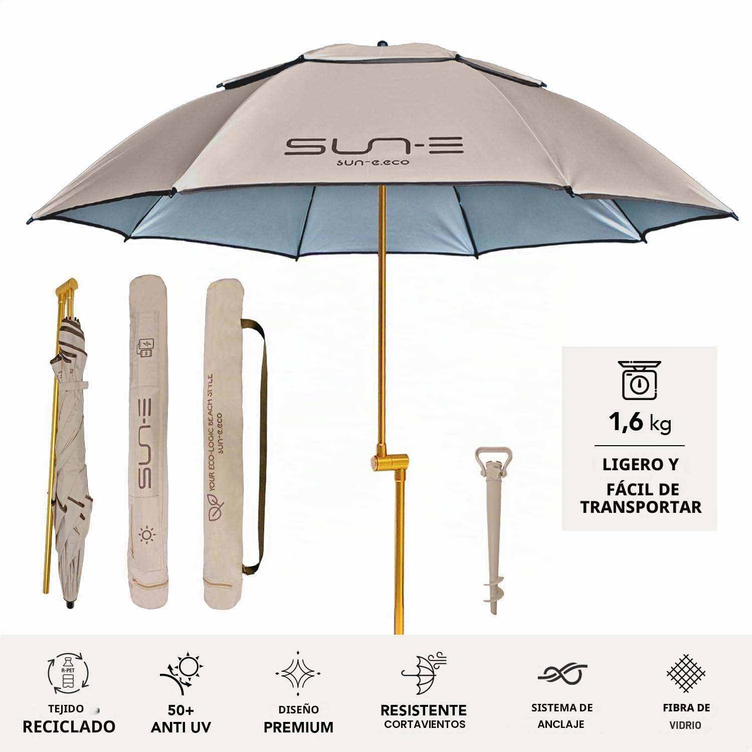 PERLETTI Sombrilla Playa Grande Antiviento Plegable - Parasol Jardin Proteccion UV con Soporte Diseño Moderno - Sombrilla Terraza Exterior Inclinable con Funda Transporte Ligero - Diámetro 165 cm