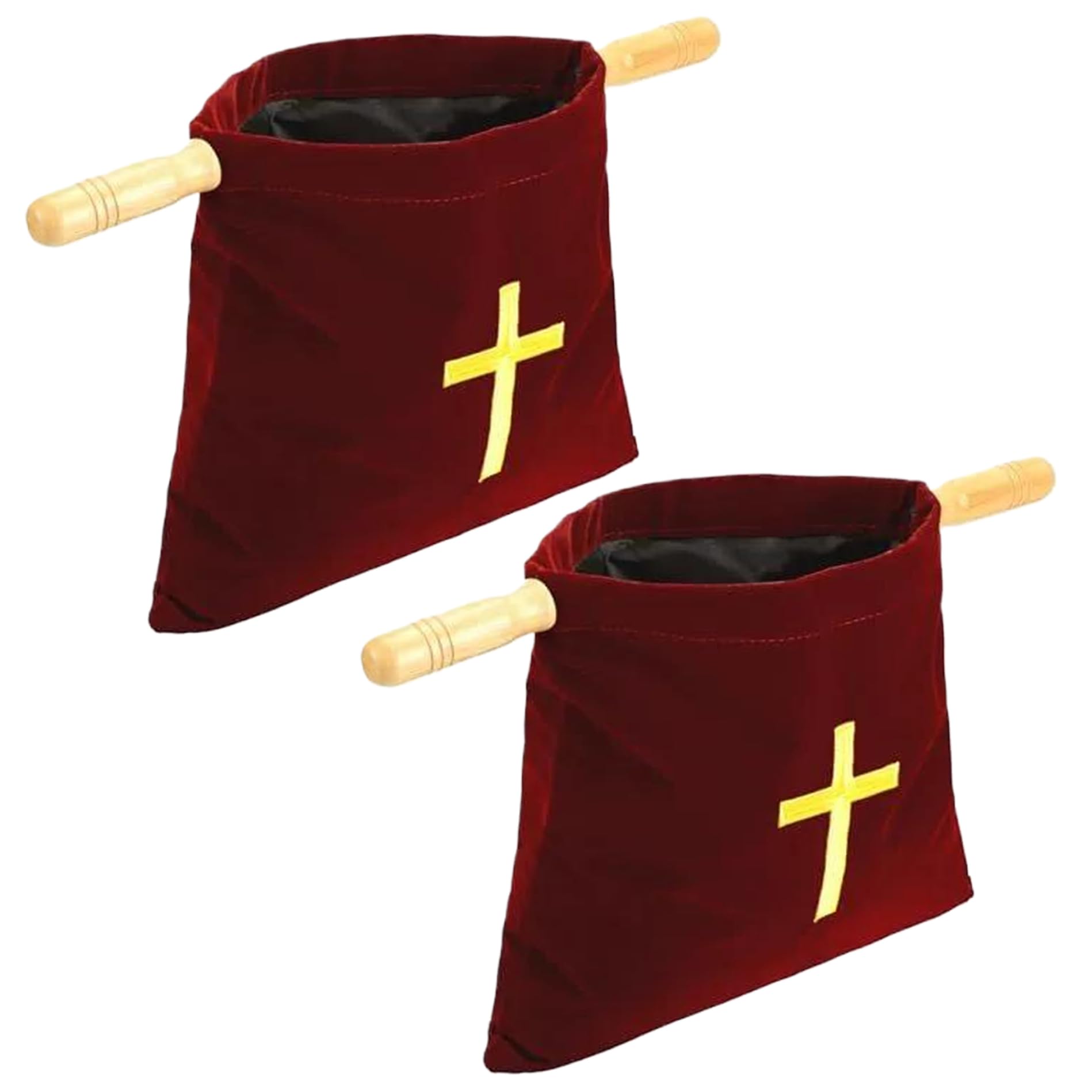 2PCS Baskets for Church, Embroidered Cross Bible Bags with Wood Handles, Flannel Church Bags for Churches Daily Use, Red