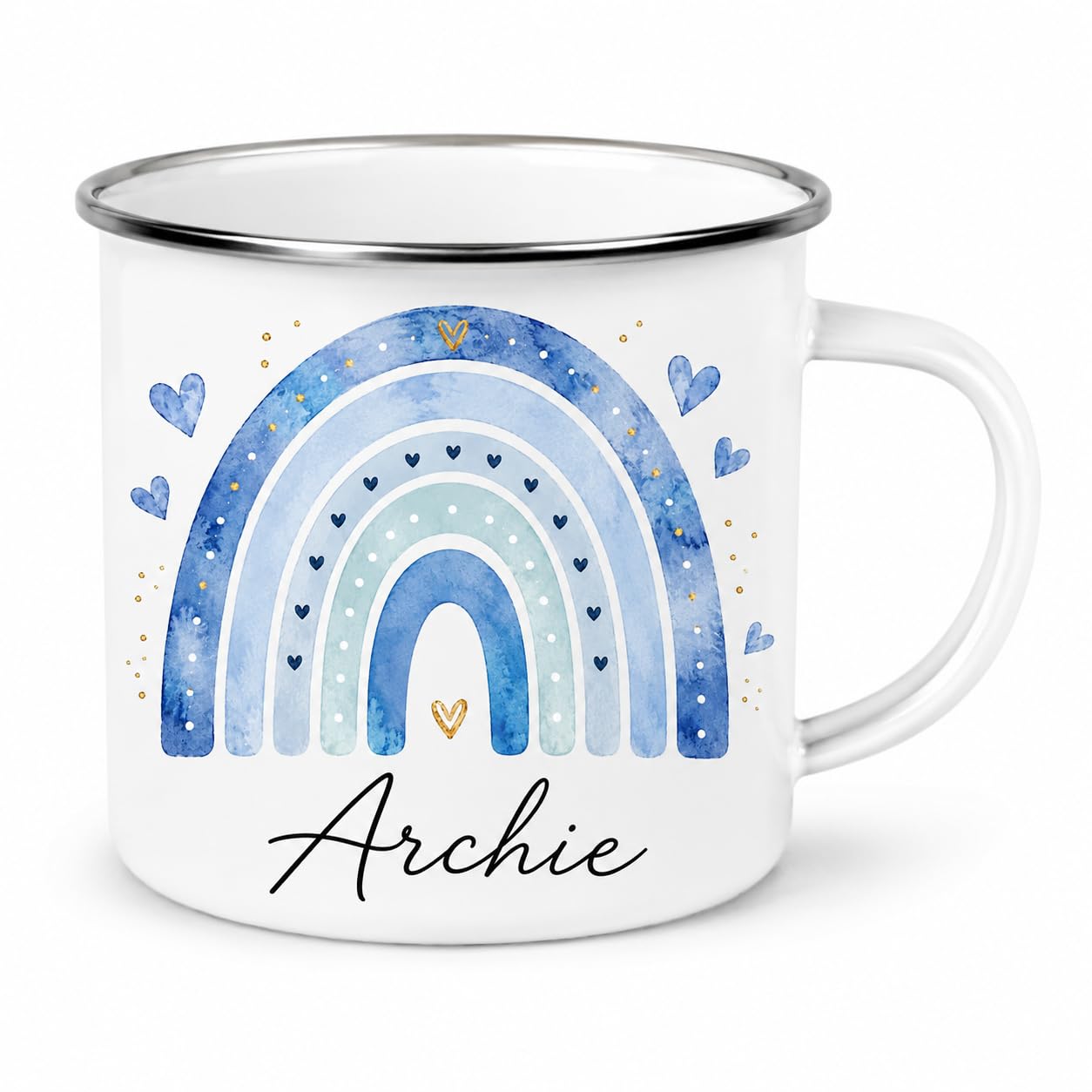 Personalised Children’s Enamel Mug – Toddler’s First Mug – Custom Kids Camping Mug – Cute Animal, Rainbow, Fairy & Princess Designs – Personalised Gift for Boys & Girls (Blue Rainbow Enamel Mug)