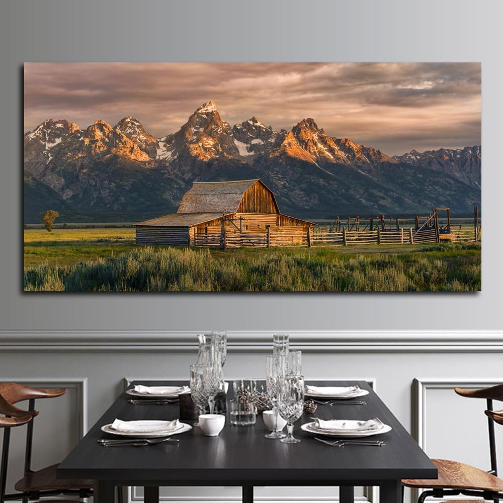 CIYU Grand Teton Wall Art Large Teton Painting Mountain Canvas Wall Art Nature Artwork Mountain Pictures Wall Decor Country National Park Farmhouse Framed Ready to Hang (Barn, 60x30 inch)