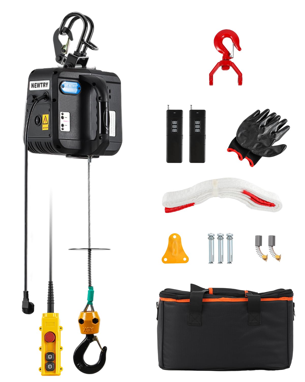 NEWTRY 1600W Paranco elettrico 500 kg PRO, con telecomando da 100 m e comando a filo da 5 m, sollevamento massimo di 9 m, ganci doppi più sicuri con istruzioni in italiano