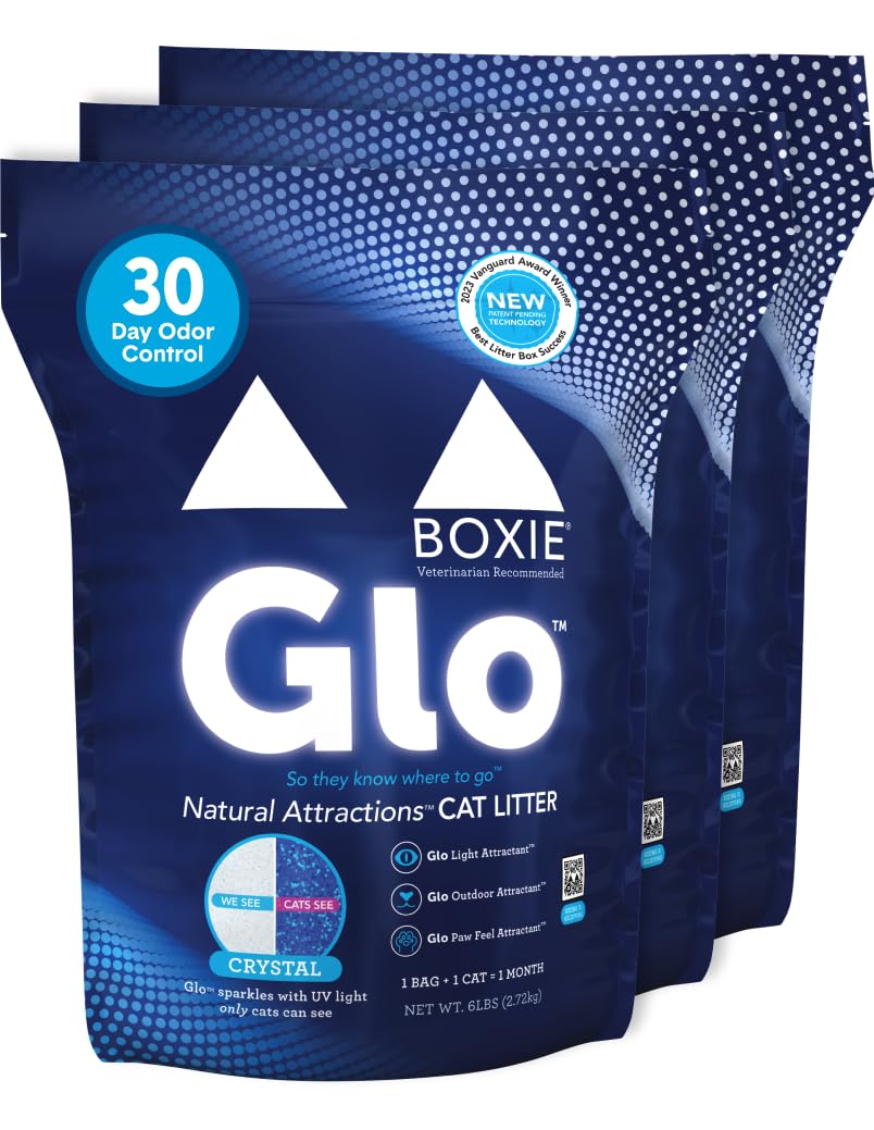 Boxie® Glo™ 30 Day Odor Control Non-Clumping Crystal Cat Litter, 18 lb, Natural Attractions, UV Light Attractant, Soft Granules, 99.9% Dust-Free, Long-Lasting for Multi-Cat Homes (3 Pack of 6lb Bags)