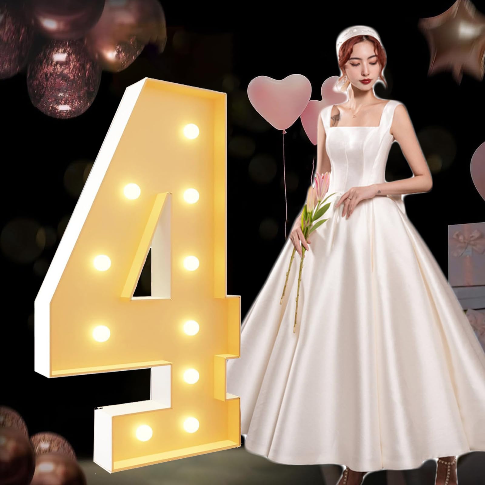 4FT Marquee Light Up Numbers 4 Pre-cut Frame Board Mosaic Kit for Balloons Giant Marquee Numbers Party Decoration Props for Birthday Anniversary Wedding Decor