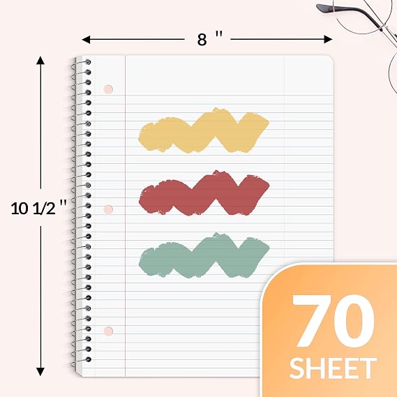 SUNEE Spiral Notebooks, 3 Pack, 1-Subject, College Ruled Paper, 8 x 10-1/2, 70 Sheets per Notebook, Assorted Colors Spiral Notebooks for School (Yellow, Red, Sage Green)