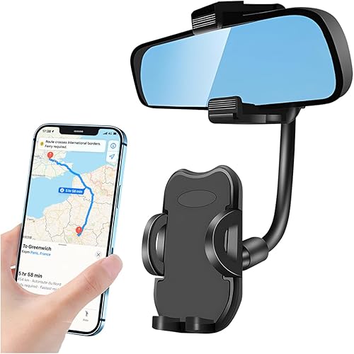 BELOMI Soporte de teléfono para espejo retrovisor de automóvil, soporte giratorio de 360 para teléfono con diseño antivibración, clip de retrovisor