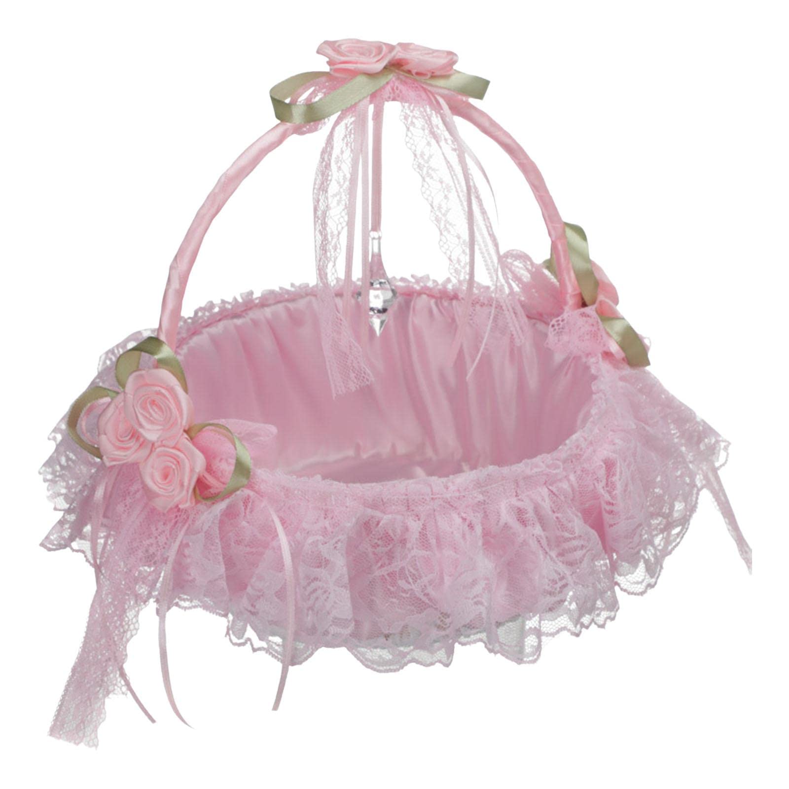 Elegant Lace Flower Girl Basket for Wedding Decorations, Pink, 22cm