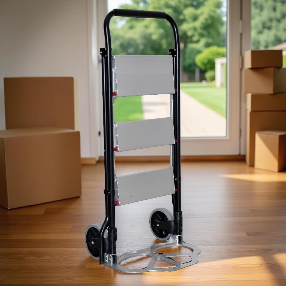 Scala-Carrello 2 in 1 - Pieghevole, 3 Gradini, Telaio di Acciaio, Ruote Pneumatiche, Portatutto, Design Anti-Scivolo, Resistente - Portata Massima 70kg
