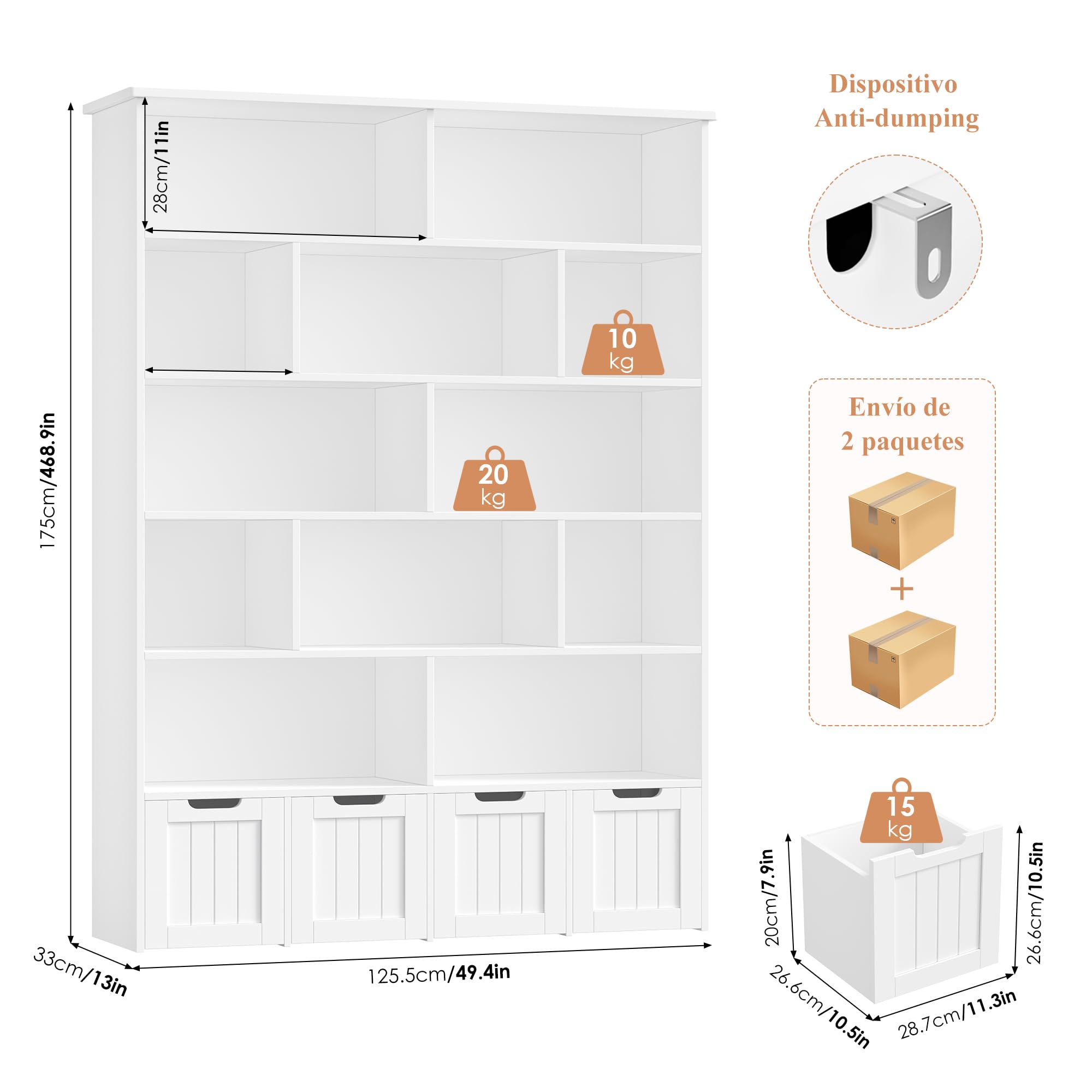 FOREHILL Mueble Organizador Juguetes, Mueble Almacenaje Juguetes, Estanteria Montessori, Organizador de Juguetes Estanteria Infantil, 4 Cajones con Ruedas, 12 Compartimentos, Blanco 125.5x33x175 cm