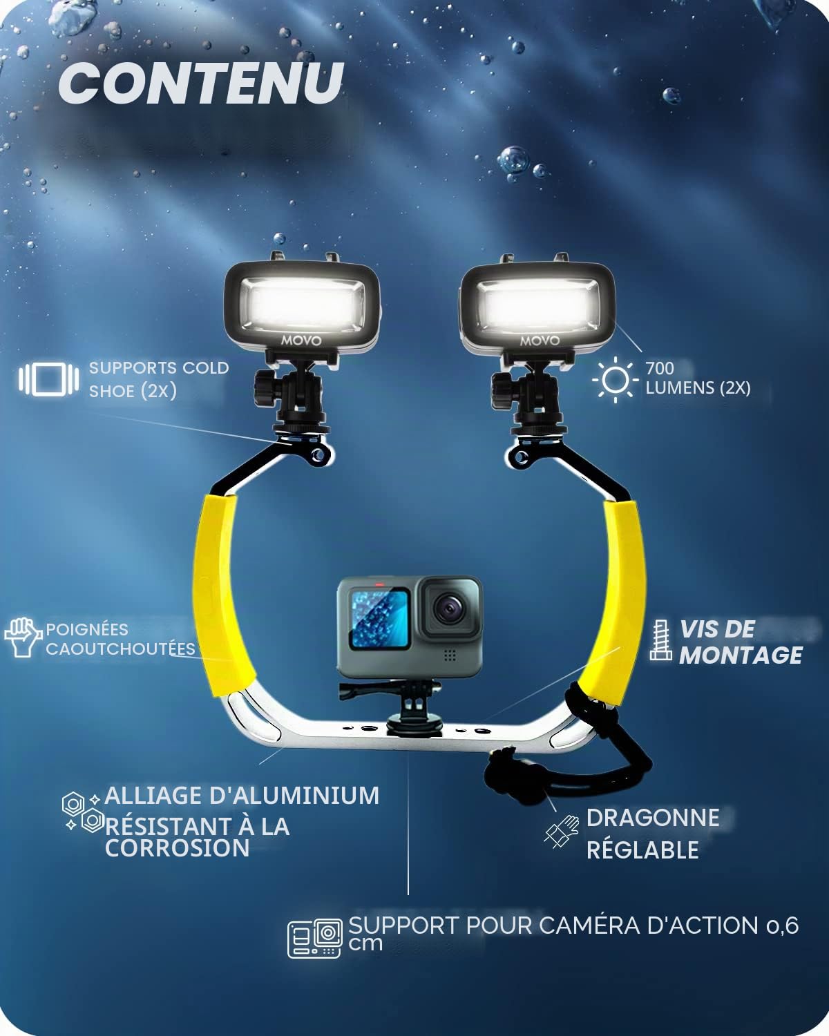 Movo DiveRig1 XL Kit de plongée avec lumières LED étanches – Compatible avec GoPro Hero, Hero5, Hero6, Hero7, Hero8, Hero9, Hero10 et DJI Osmo Action Cam – Accessoires de plongée pour caméra