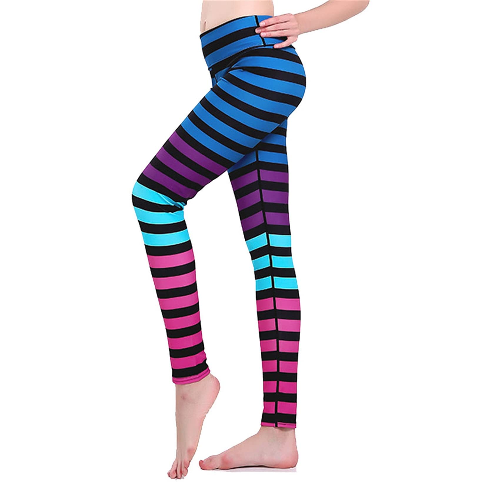 Mujer Niña Gimnasio Leggings Yoga Pantalones, Pantalones de Yoga elásticos con estampado de rayas for mujer, mallas ajustadas de cintura alta, mallas de secado rápido con Control de barriga y realce d