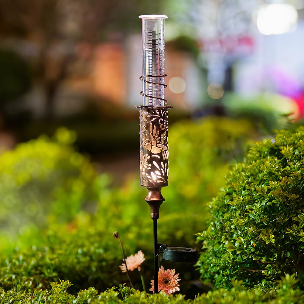 Regenmesser für den Außenbereich, hohl, Kolibri, Solar-Regenmesser, 17,8 cm Rohr-Regenmessgerät mit Pfahl, dekoratives Metall-Regenmesswerkzeug für Hof, Rasen-Ornamente