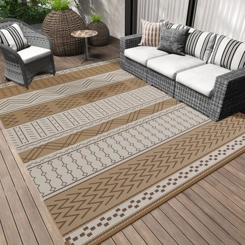 Outdoor Rug Carpet Waterproof 8x10 ft Patio Rug Mat Indoor Outdoor Area Rug for RV Camping Picnic Reversible Lightweight Plastic Straw Outside Rug for Patio Decor Decoration Boho Rug Brown Beige