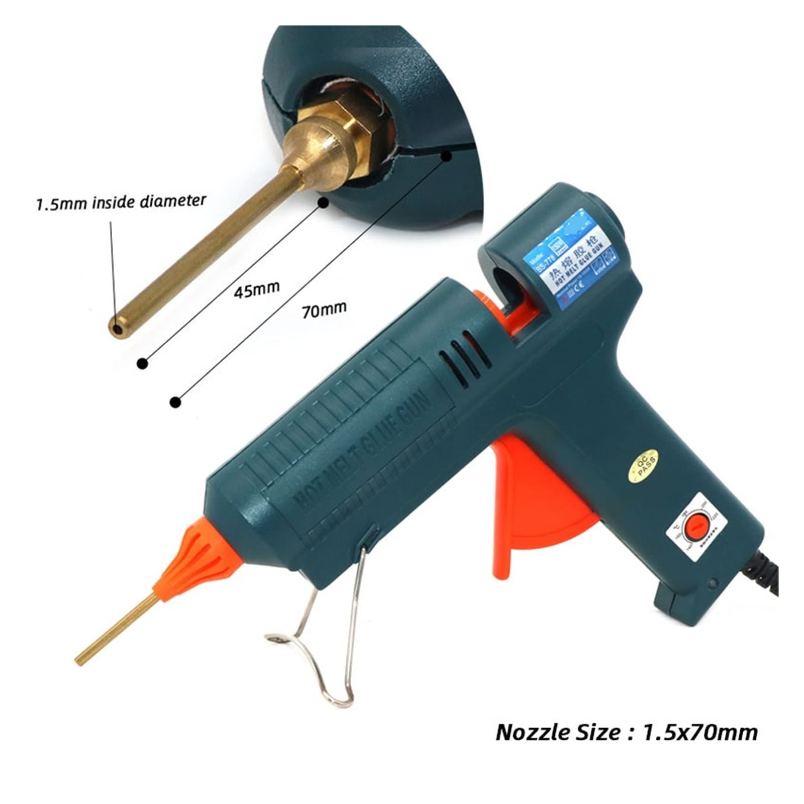 Pistola per colla a caldo Pistola for colla a caldo con ugello lungo in rame da 100 W, temperatura regolabile for stick di colla da 11 mm, pistola for colla adesiva industriale professionale(1.5x70mm)